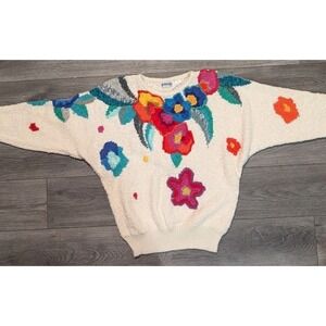 Mariea Kim sweater M Floral Embellished Sparkly 90s Dolman Sleeve Colorful Cozy
